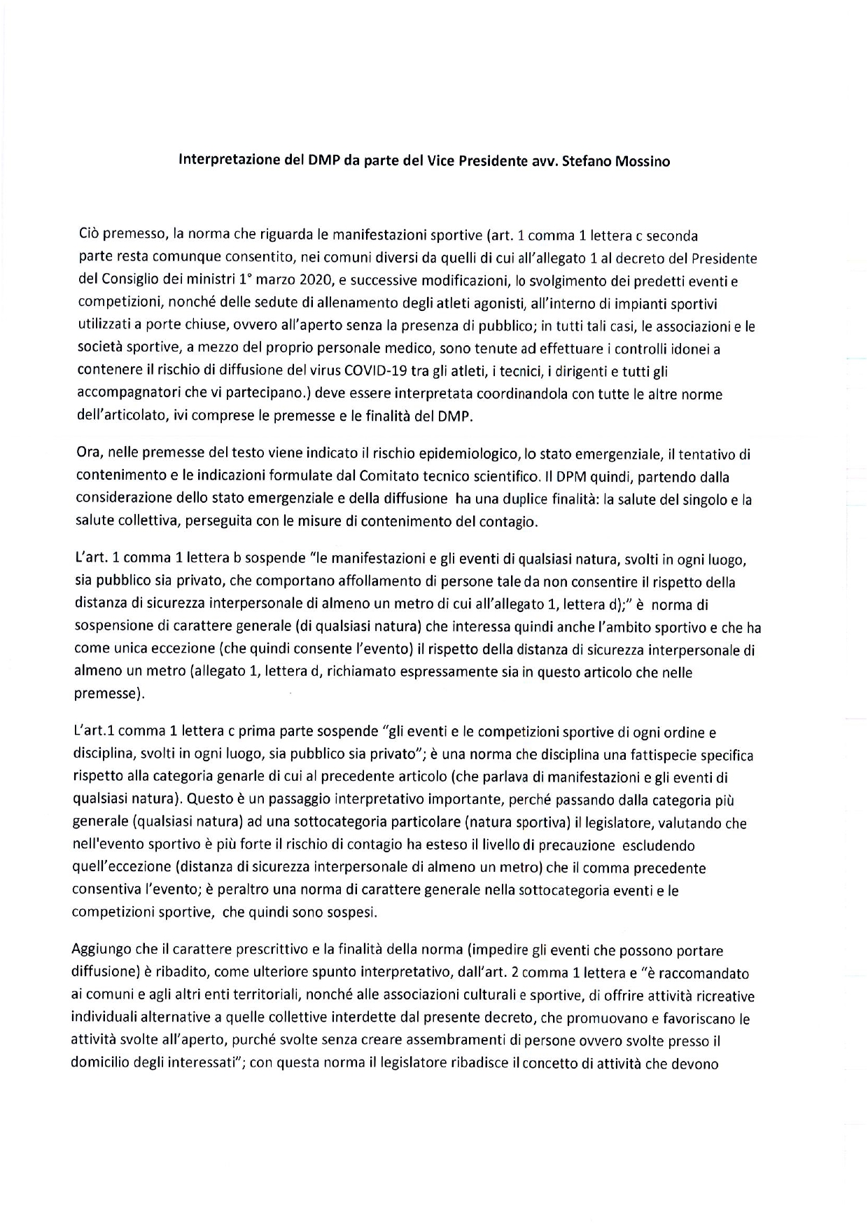 Interpretazione del DPM del 4 marzo da parte del Vice Presidente del C.O.N.I. Piemonte Avv. Stefano Mossino page 0001