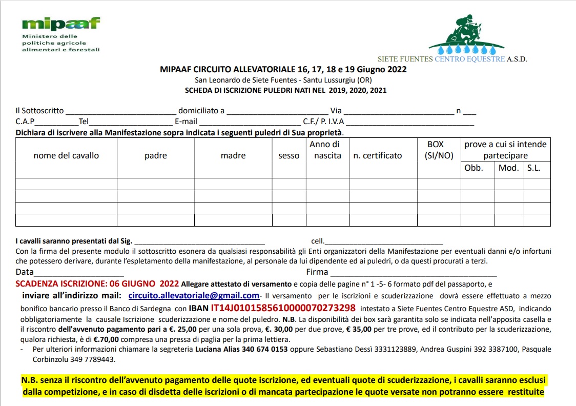 Circuito allevatoriale MIPAAF San Leonardo 16 19 GIUGNO 2022 MODULO