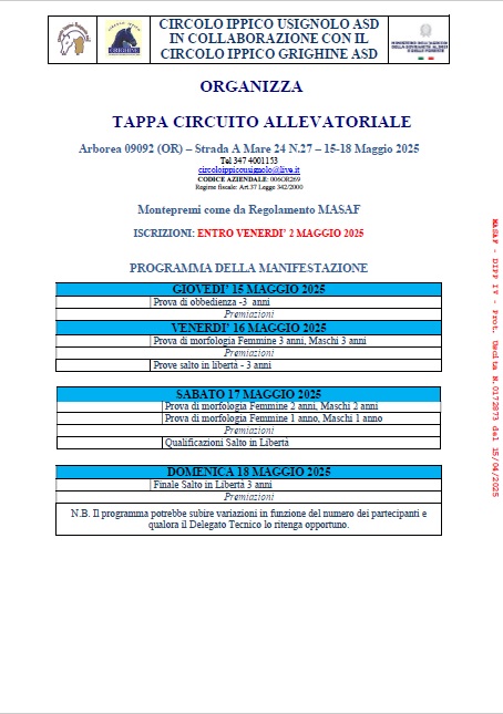 CIRCUITO ALLEVATORIALE 15 18 MAGGIO 2025 PROGRAMMA