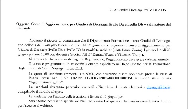 Corso Aggiornamento Giudici Dressage livello Da Db