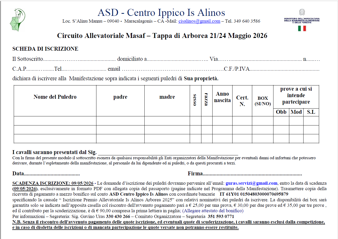 Modulo iscrizione Allevatoriale Is Alinos 2026